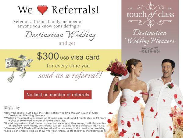 Refer friend for destination wedding get $300 USD